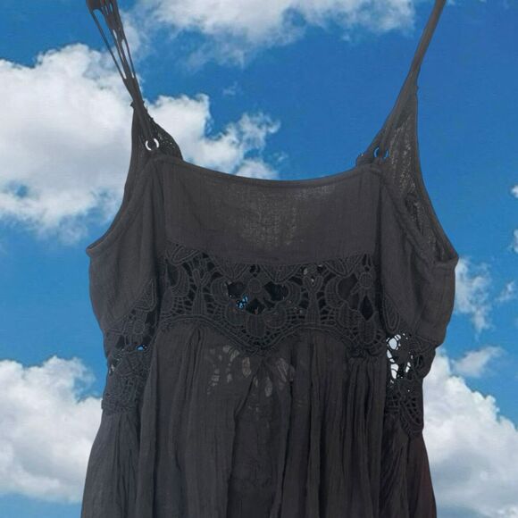 Free People One Dress Womens XS Black Cotton Mini Prairie Goth Festival Raw Hem - Picture 7 of 8